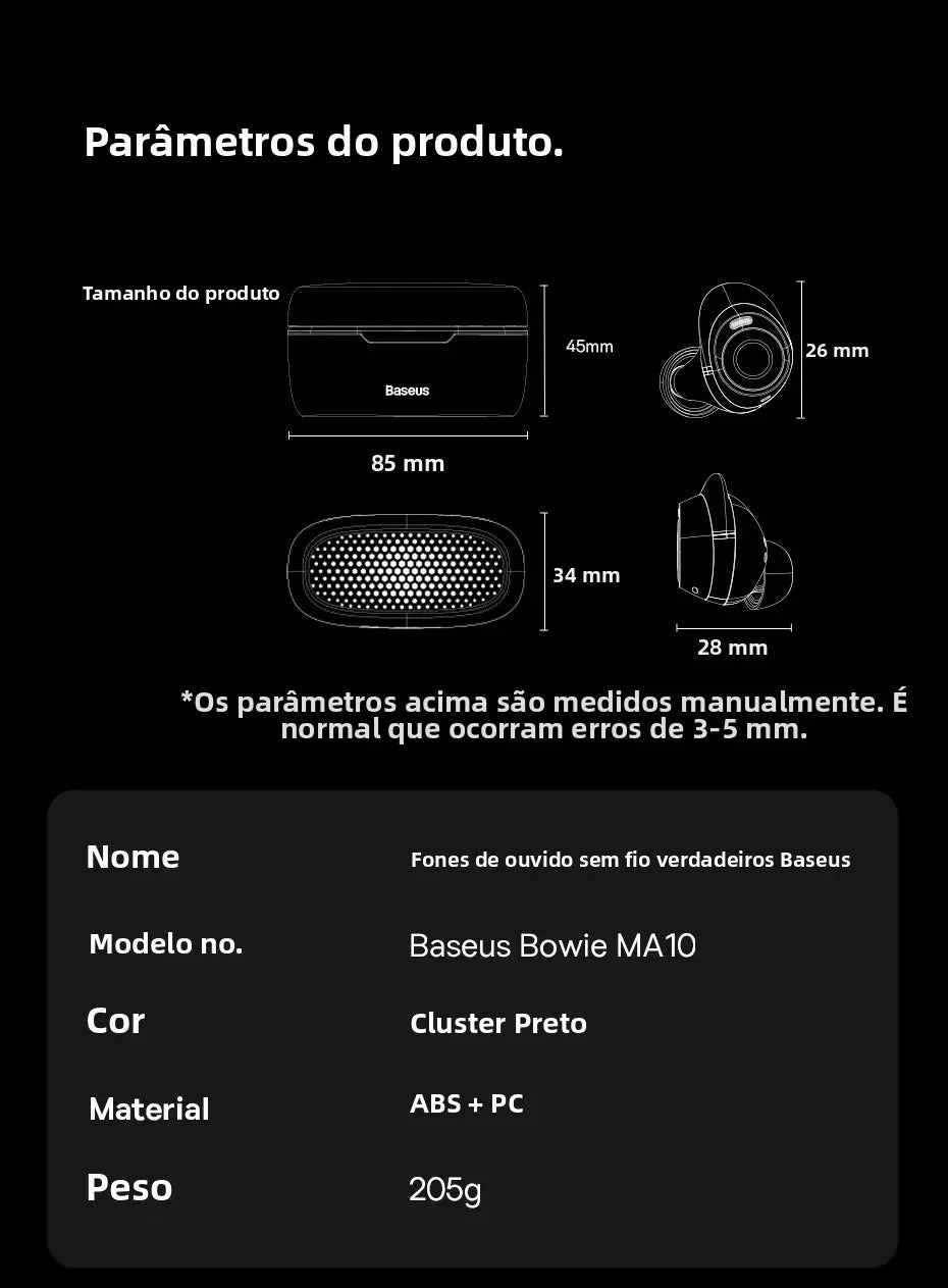 Fone de Ouvido Sem Fio Baseus Bowie MA10 – Som Potente, ANC e até 140h de Bateria